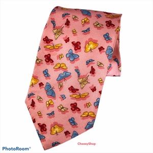 Leonard Paris Tie Silk Pink Blue Yellow Butterfly